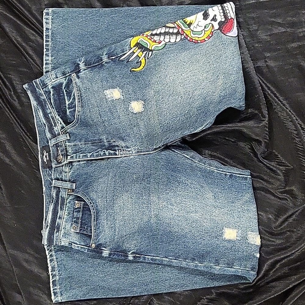 ED HARDY AUTHENTIC Embroidery Skull Painted Logo Jeans Size 30 - Picture 4 of 10